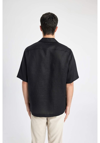 DeFacto %100 Keten Relax Fit Polo Yaka Yazlık Basic Düz Kısa Kollu Gömlek B6687AX24SPBK27