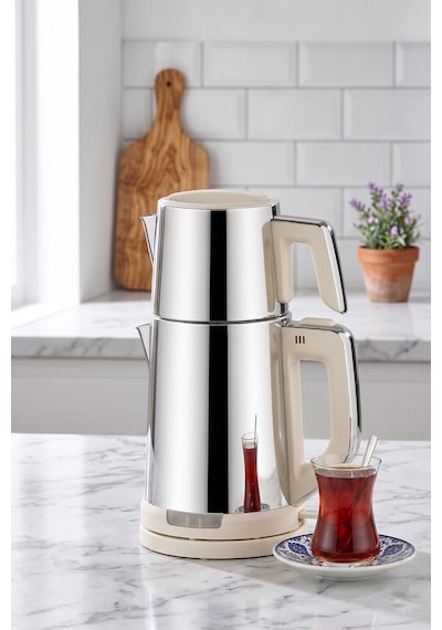 Özkent K-410-1 Gurme Çay Keyfi Paslanmaz Çelik Süzgeçli 1800w Krem 1,8+1 L Inox