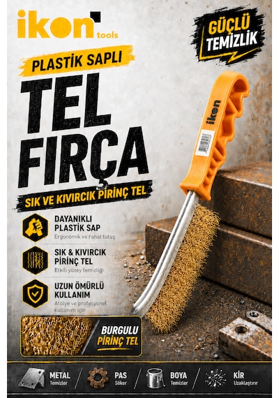 İkon Tools Plastik Saplı Tel Fırça Çelik Tel Bakır Kaplama Metal Pas Boya Kir Temizleme Fırçası