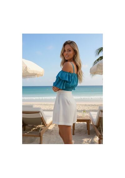 Polologin Butik Fırfır Detaylı Crop Turkuaz Mavisi Viskon Kumaş Mavi