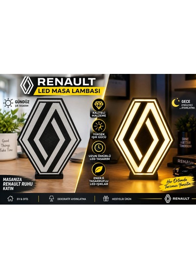 Renault Masa Lambası , Renault Logolu Led Işıklı Masa Lambası , Renault Gündüz Gece Masa Lambası Siyah