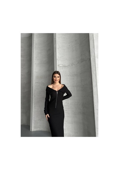 Asur Boutique Asur Butik Yarı Fermuarlı Ottoman Kumas Elbise Siyah