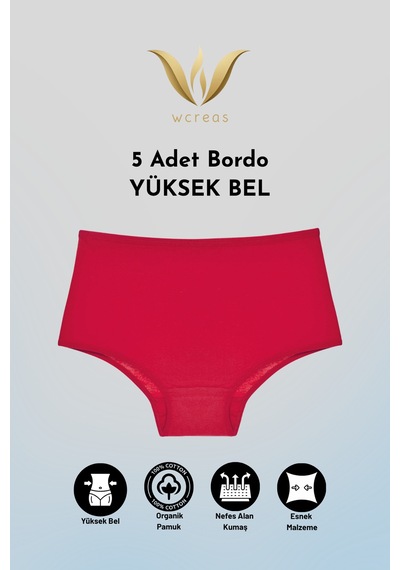 Wcreas Yüksek Bel Pamuklu Kadın Külot, 5'li Paket Pamuklu Yumuşak Kumaş Kadın Külot Bordo