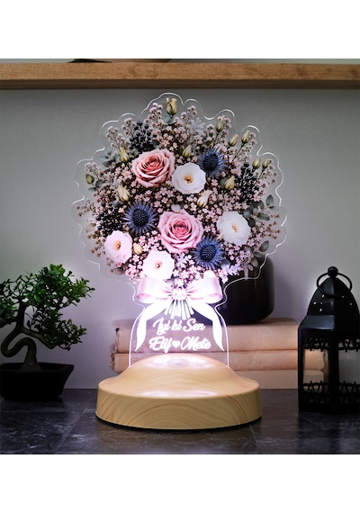 Pudra Gece Masalı Işıklı Çiçek Buketi Led Lamba Kadına Ve Sevgiliye Özel Hediye, Kişiye Özel Solmayan Çiçek Lambası Gece Masalı Buketi