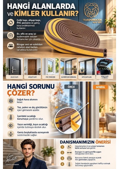 6m Kahverengi 17mm Geniş Kapı Pencere Bandı Kendinden Yapışkanlı D Profil İzolasyon Süngeri Kauçuk Fitil Hava K