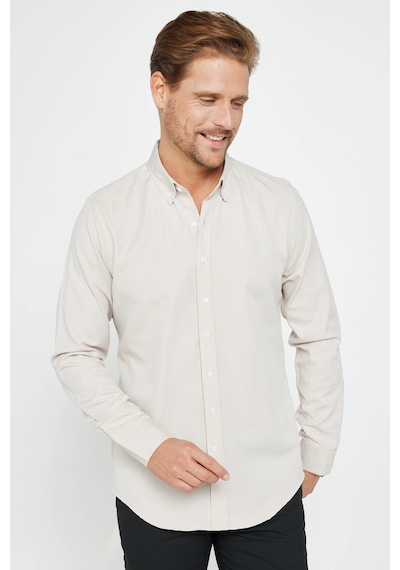 Tudors Erkek Slim Fit Dar Kesim Uzun Kollu Pamuklu Oxford Doku Taş Renk Düğmeli Yaka Gömlek-31028-taş Taş