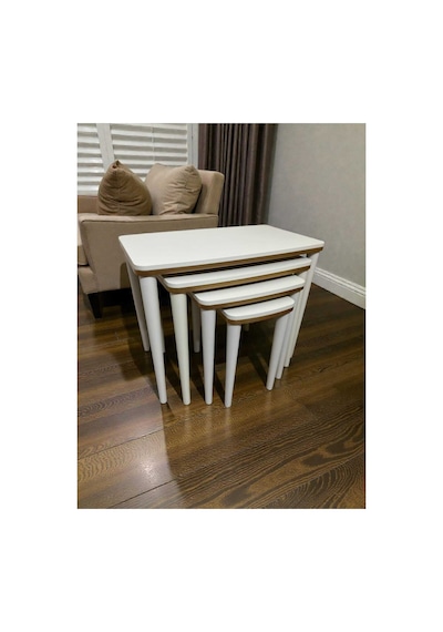 Ant Home Sahra 4 Lü Zigon Sehpa Seti Komple Lake Boyalı Gold Detaylı Modern Yan Sehpa Ekru