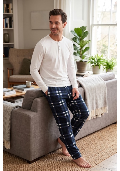 Buratti Lastikli Bel Düz Paça Yumuşak Dokulu Polar Pijama Altı Erkek Pijama Altı 6098001 Lacivert-yeşil