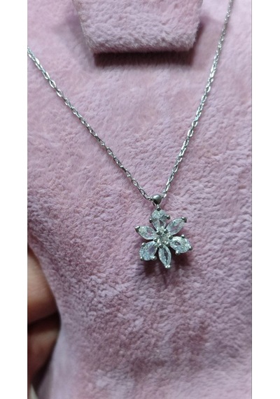 Modagümüşevi 925 Ayar Gümüş Beyaz Taşlı Lotus Kolye, Gümüş Kadın Kolye, Lotus Çiçeği Kolye