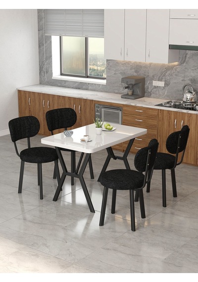 Azra 70x110cm Beyaz Mutfak Masası, Mutfak Masası Takımı, Yemek Masası, 4 Siyah Sandalye Siyah