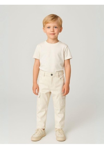 Nanica Kids Erkek Bebek Pamuklu Kumaş Kargo Cepli Pantolon-16006 Krem