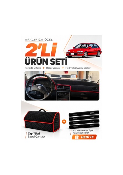Honda Cıvıc Ef 1988-1991 Uyumlu Torpido Örtüsü + Tay Tüyü Bagaj Çantası + Sticker - Siyah Kırmızı
