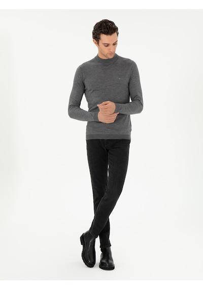Cacharel Gri Slim Fit Kaşmir İpek Karışımlı Çeyrek Balıkçı Yaka Triko Kazak