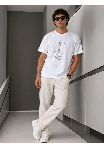 Barlashive Erkek Minimal Gitar Baskılı Tişört T-shirt Yazlık Kısa Kol Bisiklet Yaka T-shirt - Beyaz Çok Renkli