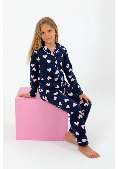 Kız Çocuk Uzun Kollu %100 Pamuklu Düğmeli Pijama Takımı Heartie Indigo