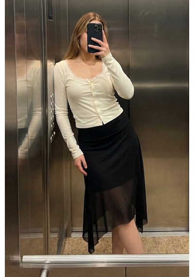 Madmext Siyah Şifon Asimetrik Kesim Midi Etek Mg2777