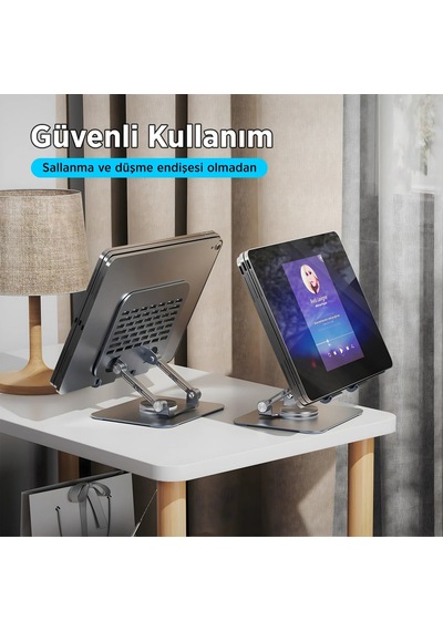 Bix Ps01 360 Dönebilen Isı Dağıtımlı Katlanabilir Metal Tablet Standı Apple Uyumlu iPad Tutucu Gri