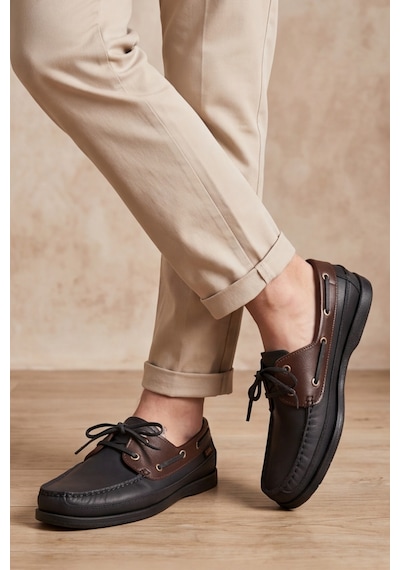 Royal Marine Siyah Kahve Premium Deri Erkek Loafer - El İşçiliği Özel Tasarım Klasik Gemi Ayakka... Siyah - Kahverengi