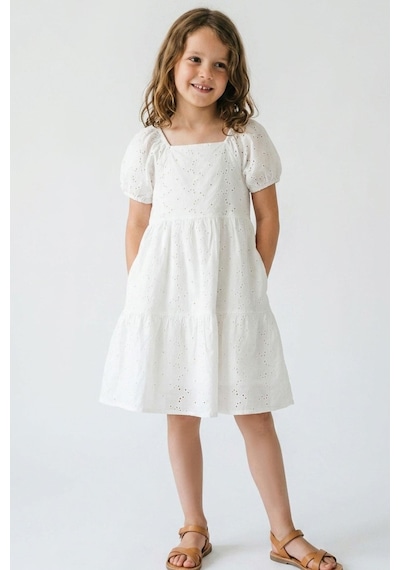 Breeze Kız Çocuk Elbise Çiçek Nakış Güpürlü Kolları Lastikli 6-12 Yaş, Ekru