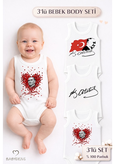 Babyden's 3 Lü Atatürk Temalı Bebek Body Seti %100 Pamuk Kolsuz Çıtçıtlı Zıbın Yenidoğan & Bebek Body Takımı Beyaz