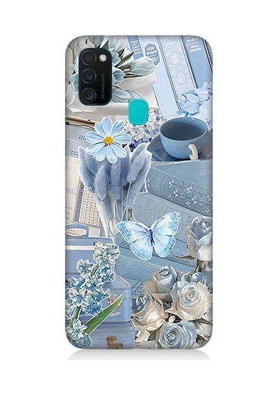 Samsung Galaxy M21 Uyumlu Mavi Çiçekler Desenli Silikon Kılıf
