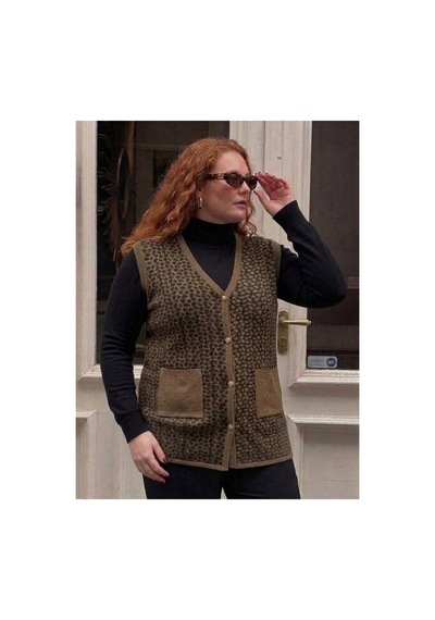 Onno Style Women Büyük Beden Çelik Örgü Klasik Leopar Desen Triko Kadın Yelek Bej