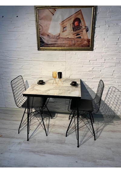 Avvio Ezgi 2 Kişilik 60x90 Yemek Masası Takımı-mutfak Masası Takımı-beyaz Mermer Oval Kenar Beyaz-siyah