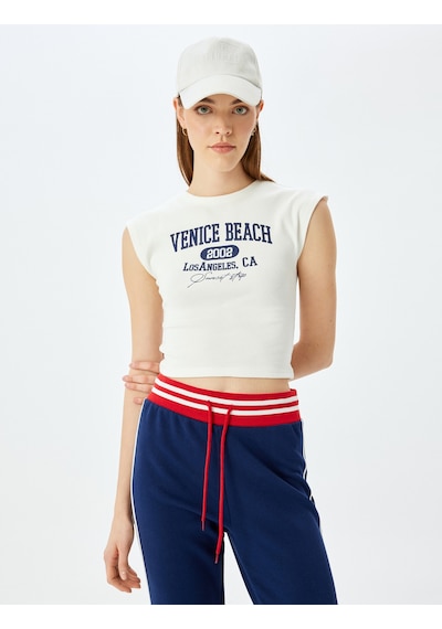 Koton Kolej Baskılı Slim Fit Bisiklet Yaka Kolsuz Crop Tişört Ekru 5sal10182ık Ekru