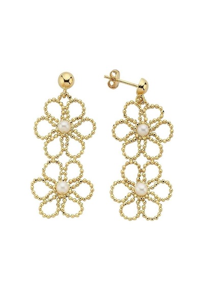 5,5 Mm Çiçek Desenli Doğal İnci Küpe Gold