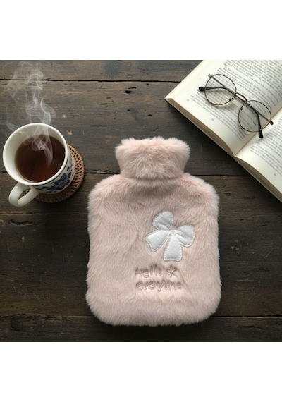 Hello Everyone Yazılı Kurdeleli Pembe Peluş Sıcak Su Torbası 1 Lt Yumuşak Kılıf, Uzun Süre Sıcak Tutan Termal Su Torbası
