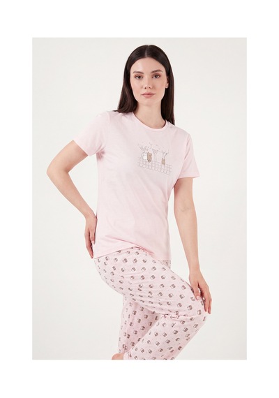 Lela Desenli Pamuklu Bisiklet Yaka Kaprili Pijama Takımı Bayan Pijama Takımı 65790787 Pudra