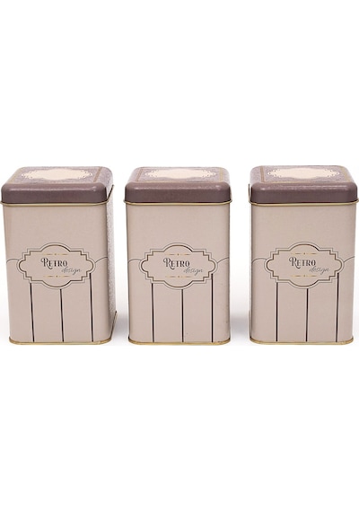 Retro Desenli Kare Metal Saklama Kabı 3 Lü Set, 10.5 X 10.5 X 16 CM Çok Renkli