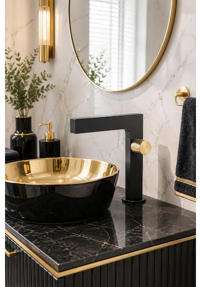Fontana Fk-2015 Siyah Gold Detaylı Lüks Lavabo Bataryası Mat Siyah Modern Lavabo Bataryası Altın - Mat Siyah
