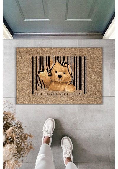 Rugmood Modern Dijital Baskı Paspas - Ayıcık Barkod Paspas - Kapı Önü Paspası 70x45cm Kahverengi