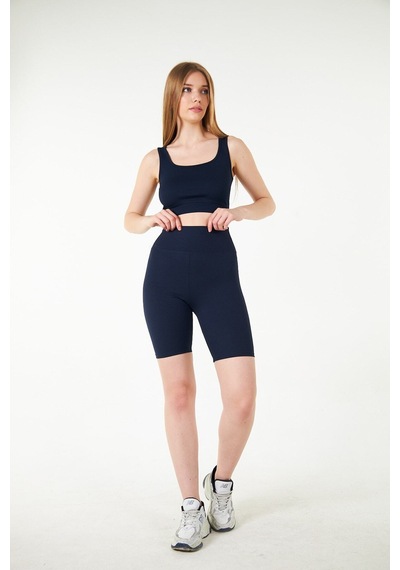 Thiff Gymwear Antrasit Yüksek Bel Toparlayıcı Kısa Şort Spor Fitilli Biker Tayt Lacivert