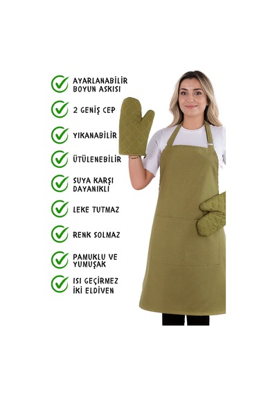 Simple 3lü Set Ayar Askılı Cepli Mutfak Önlüğü Seti 2 Eldiven Şef Garson Kafe Aşçı Barista Fıstık Yeşili