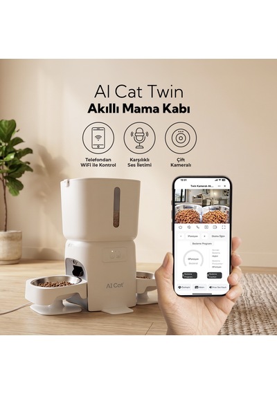 Aı Cat Twin Otomatik Mama Kabı Çift Kameralı Sesli Etkileşimli 2 Kaseli Kedi & Köpek Mama Dağıtıcı
