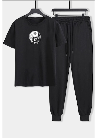 Uyguntarz Unisex Yin & Yang Baskılı 2'li Eşofman Takımı Siyah