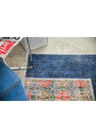 Patchwork El Dokuma Antik Anadolu Halısı Blue Window Mavi