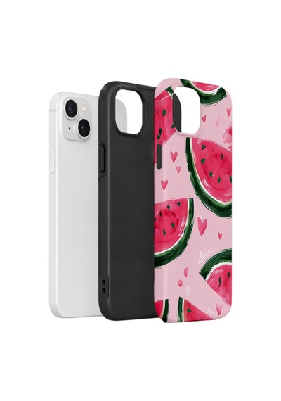 Apple iPhone Uyumlu 14 Vorian Çift Katmanlı Kılıf Watermelon Hearts