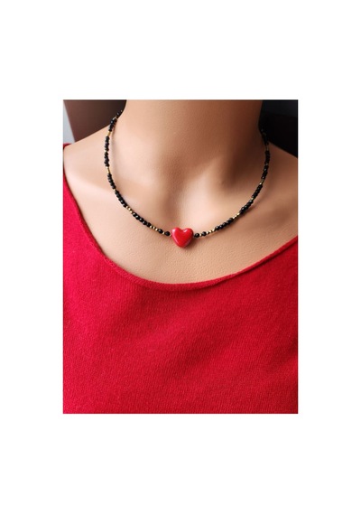 Spinel Ve Hematit Taşı Kalp Kolye Siyah - Sarı
