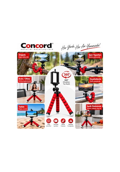 Concord Ahtapot Esnek Mini Telefon Tripodu - 360 Döner Başlıklı - 18 Cm Vlogging & Tiktok Çekim Ayak Kırmızı Katlanabilir