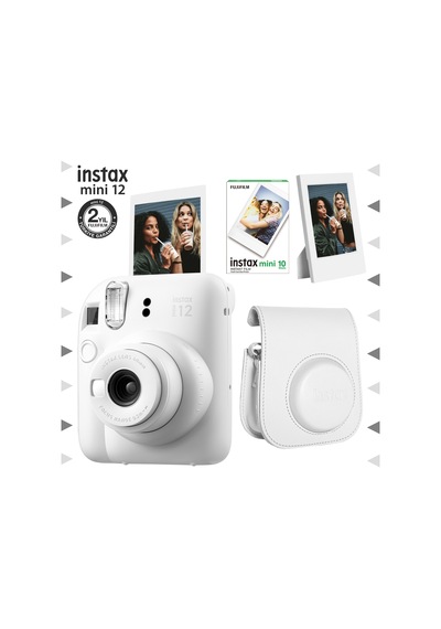 Fujifilm Instax Mini 12 Fotoğraf Makinesi + 10'lu Film + Çerçeve + Deri Kılıf Seti Beyaz