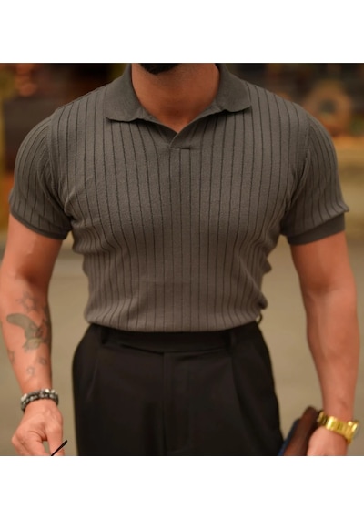 Erkek Fitilli Polo Yaka Triko T-shirt Antrasit