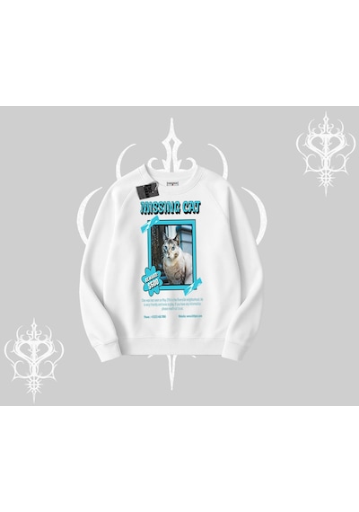Missing Cat Baskılı Biskilet Sweatshirt Beyaz