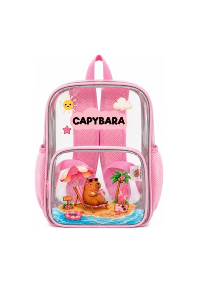 Capybara Lisanslı Şeffaf Çocuk Çantası - Hafif Ve Dayanıklı Şeffaf Sırt Pembe