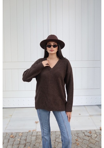 Kechi Woman V Yaka Oversize Triko Kazak Kahverengi