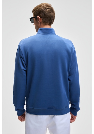 Grımelange NESTOR Erkek Relaxed Fit Dik Yakalı Yarım Fermuarlı Uzun Kollu Mavi Sweatshirt