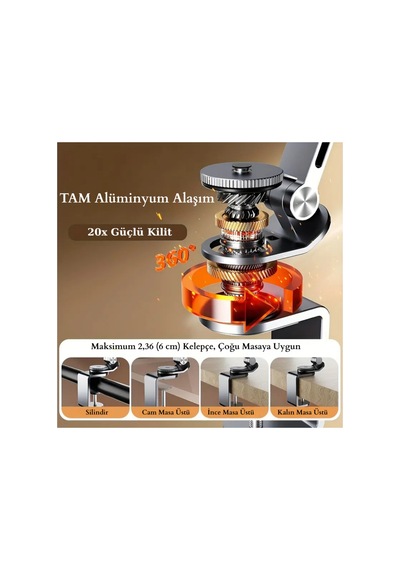 Alüminyum Akrobat Tablet & Telefon Tutucu Stand 360 Oynar Başlıklı Ayarlanabilir Uzun Kol Gri - 789254597 Gri