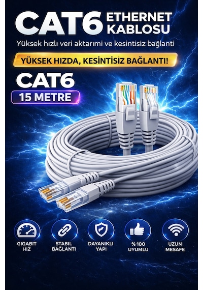 CAT6 Ethernet Kablosu 15m Gigabit LAN Kablosu Yüksek Hızlı İnternet Kablosu